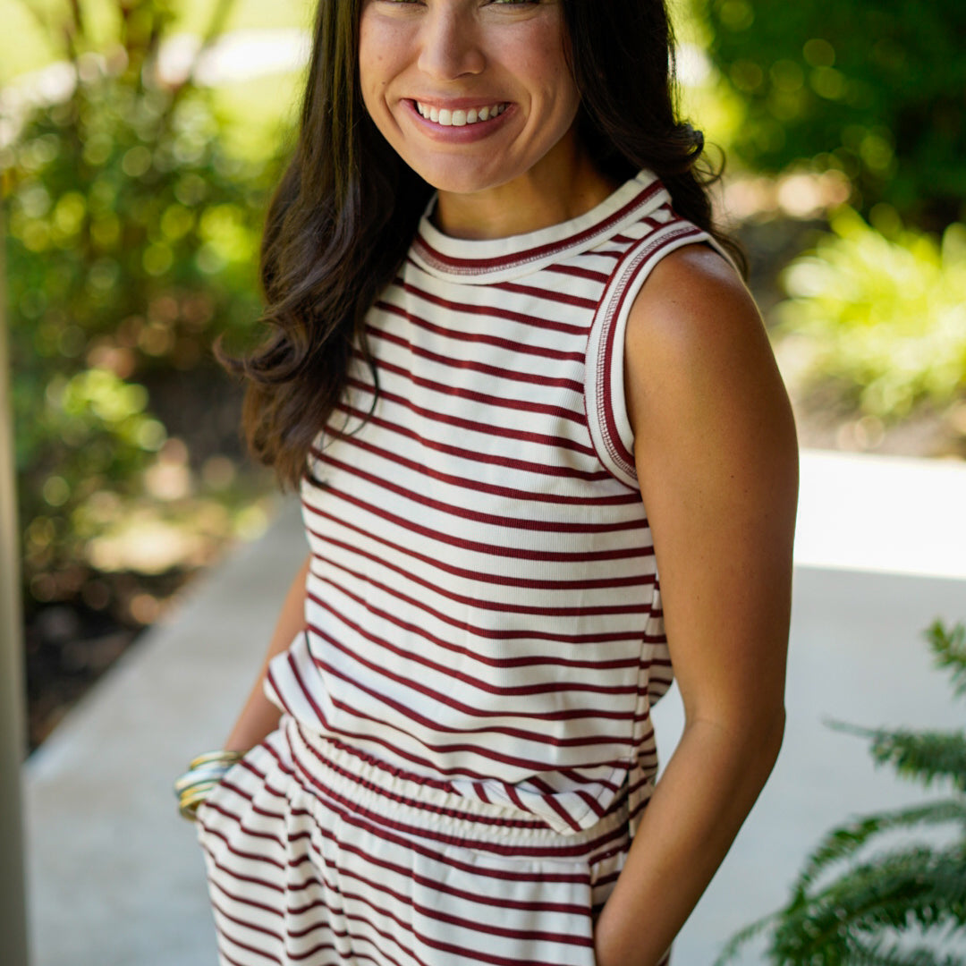 Maroon Striped Shorts Set