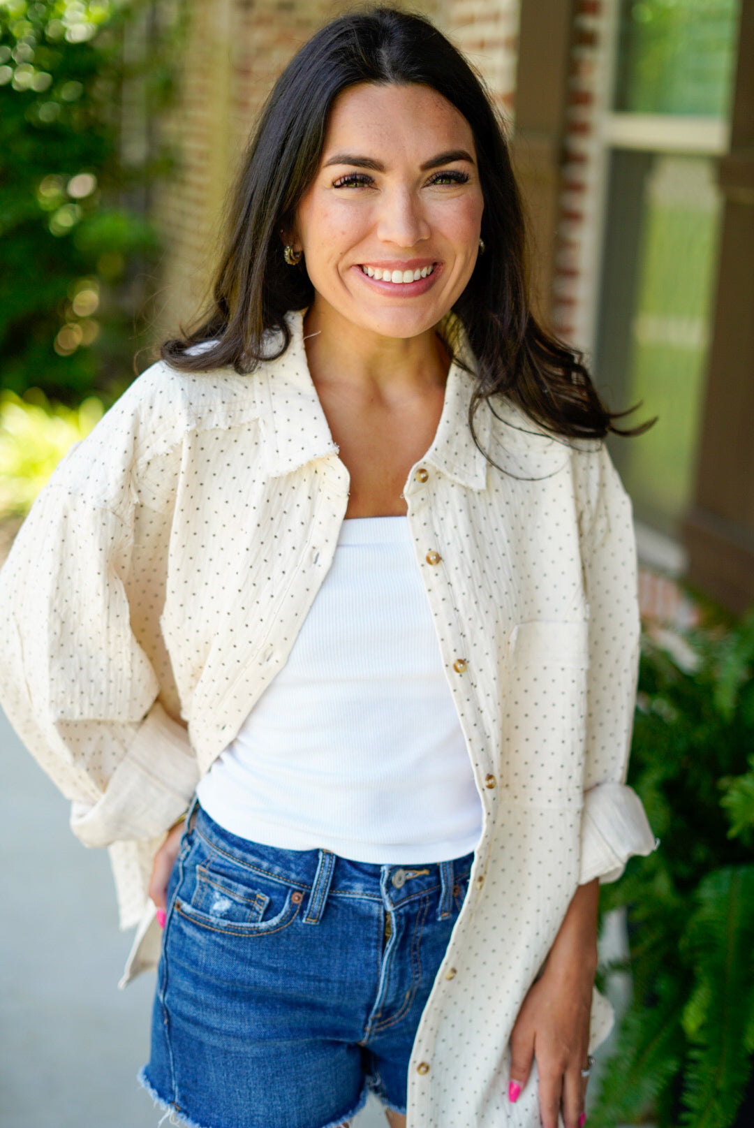 Polka Dot Oversized Button Up Top
