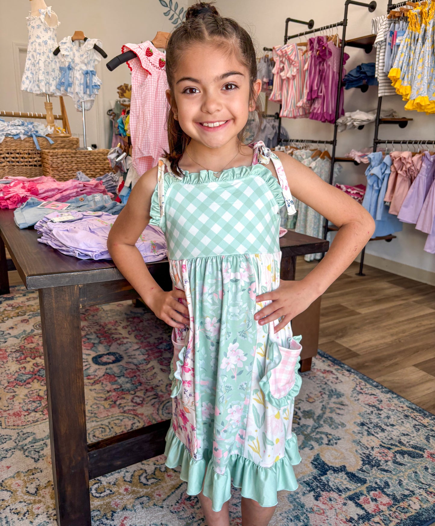 Mint Gingham and Floral Dress